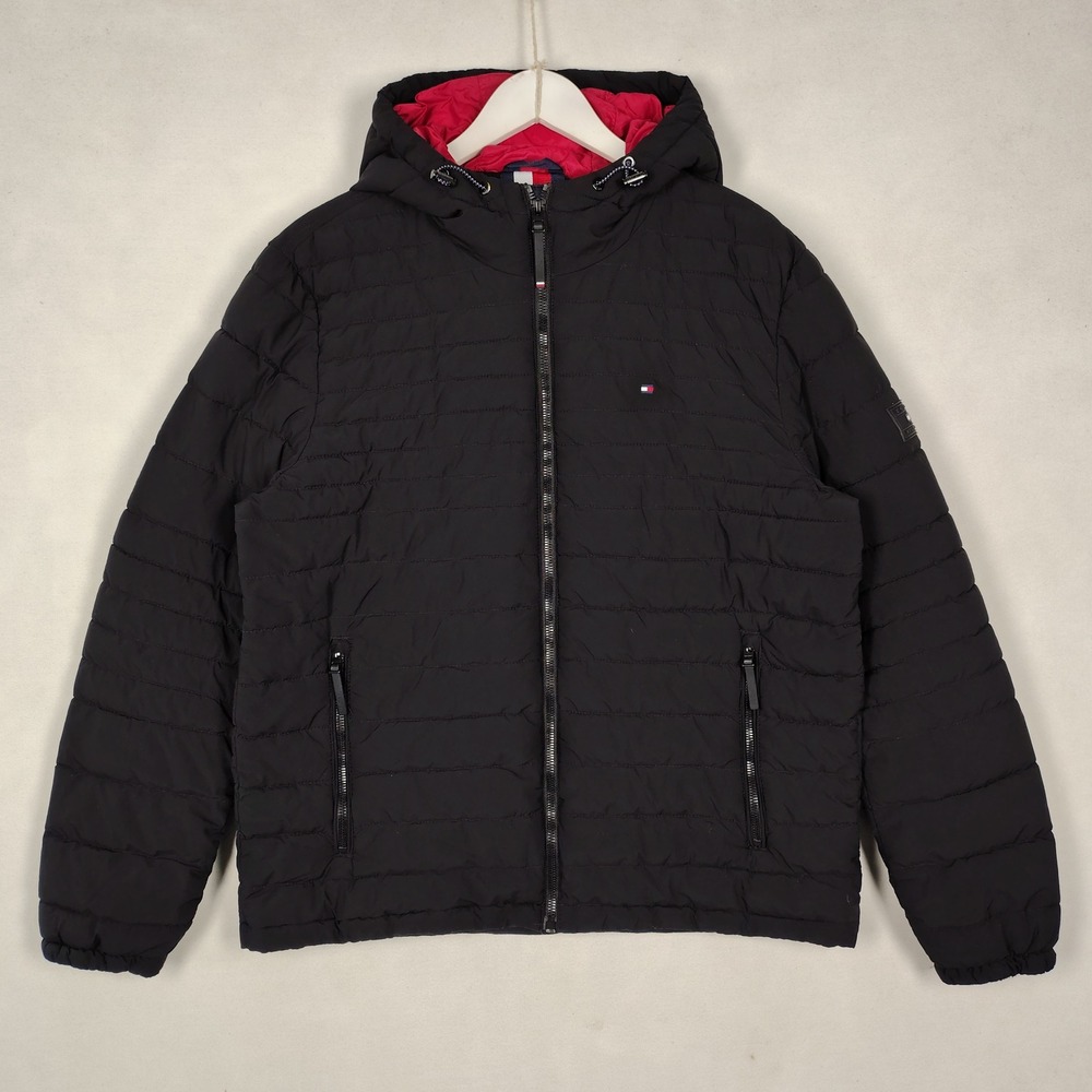 Tommy Hilfiger TH Flex Mens Black Hooded Puffer Jacket Large Quilted Full Zip, L